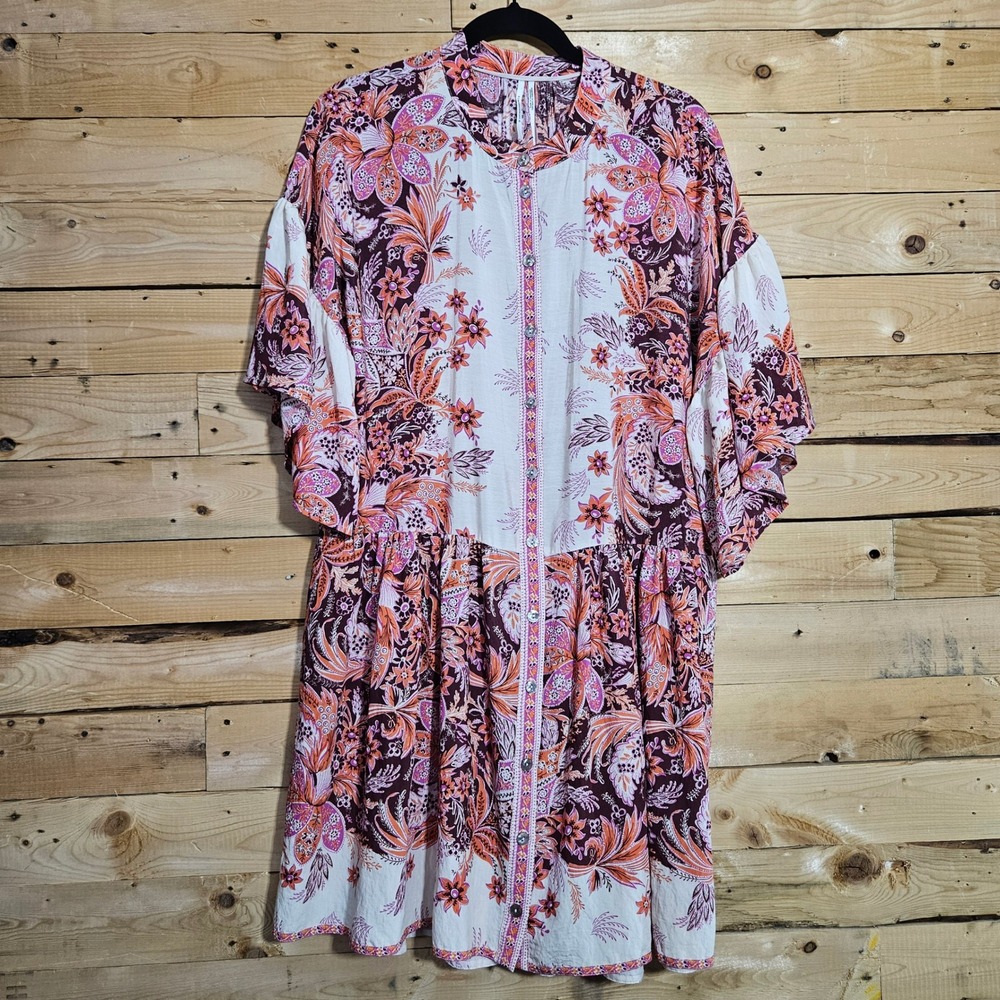 Free People Janelle Dress Floral Paisley Flutter Sleeve Tunic Mini Pink Orange M